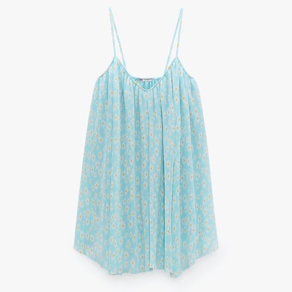 NEW ZARA Pleated Baby Floral Blue Camisole Style Mini Dress, Size L - Picture 7 of 16